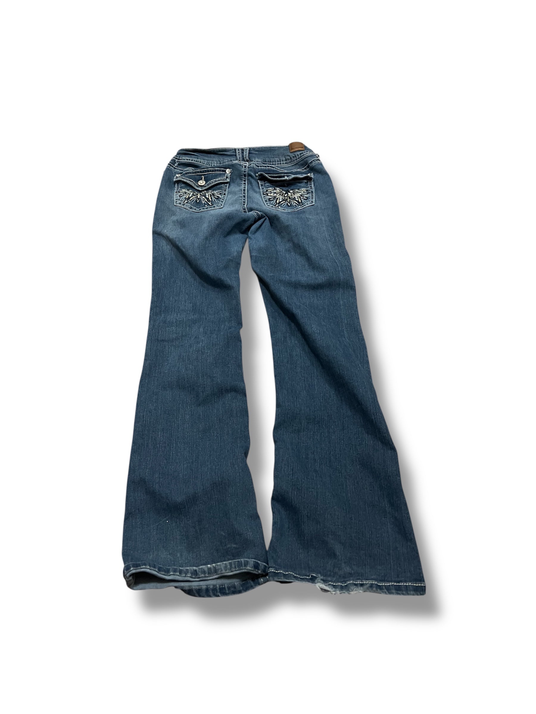 Embroidered low rise flare jeans with contrast size 8