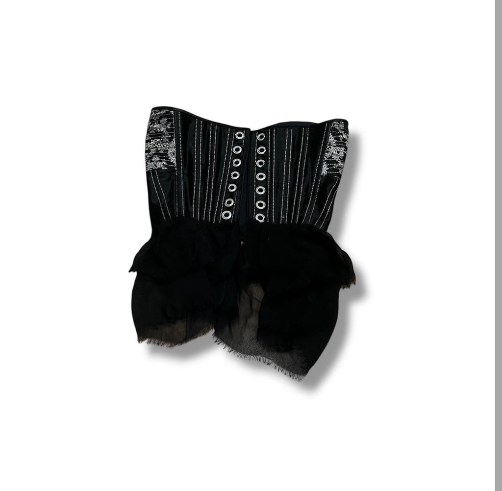 Black embroidered corset top missing lace
