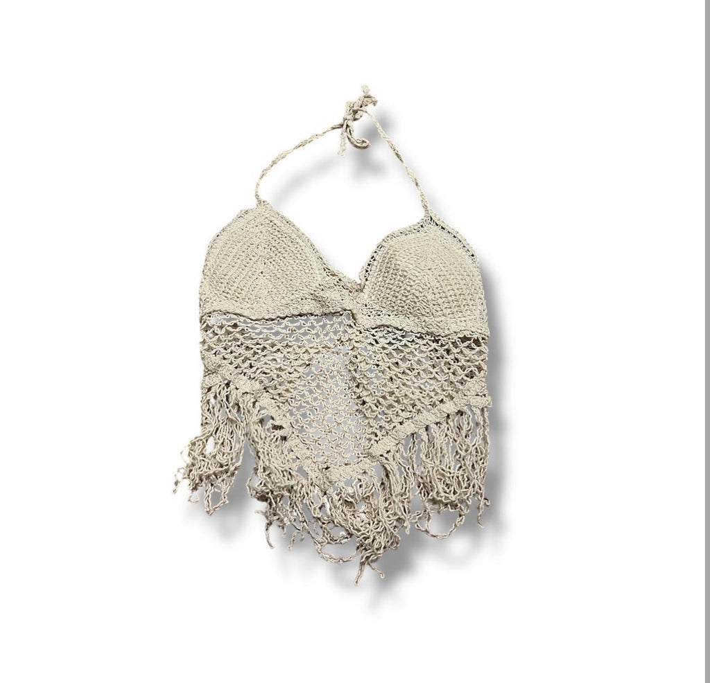 Beige beach halter cami tie top with fringe size small