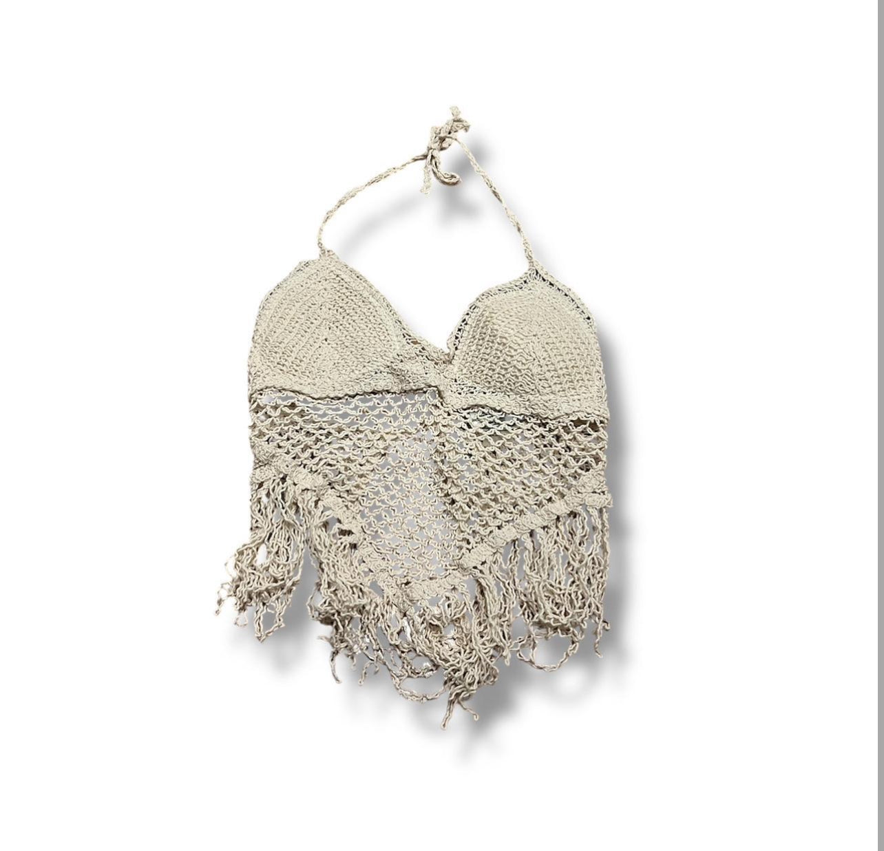 Beige beach halter cami tie top with fringe size small