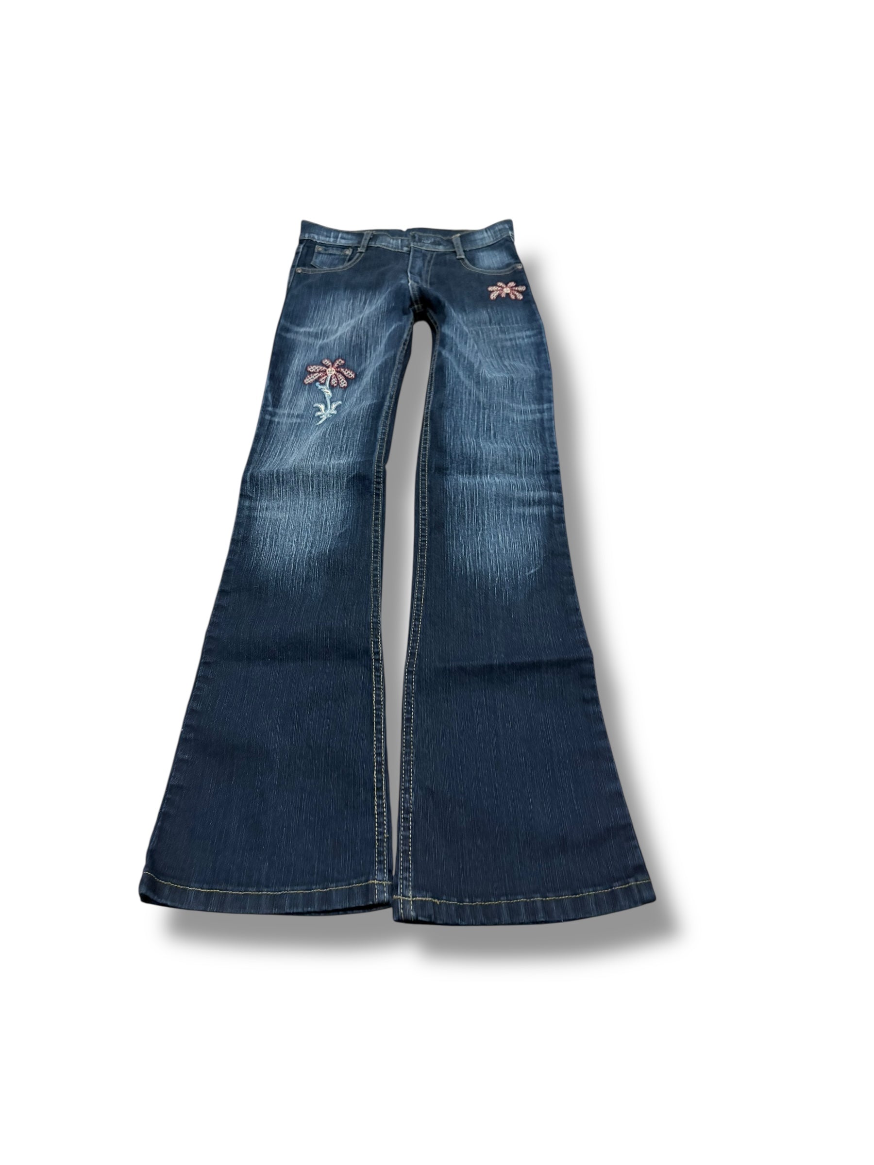 Dark blue floral low rise flare boot jeans size 0 xs grunge