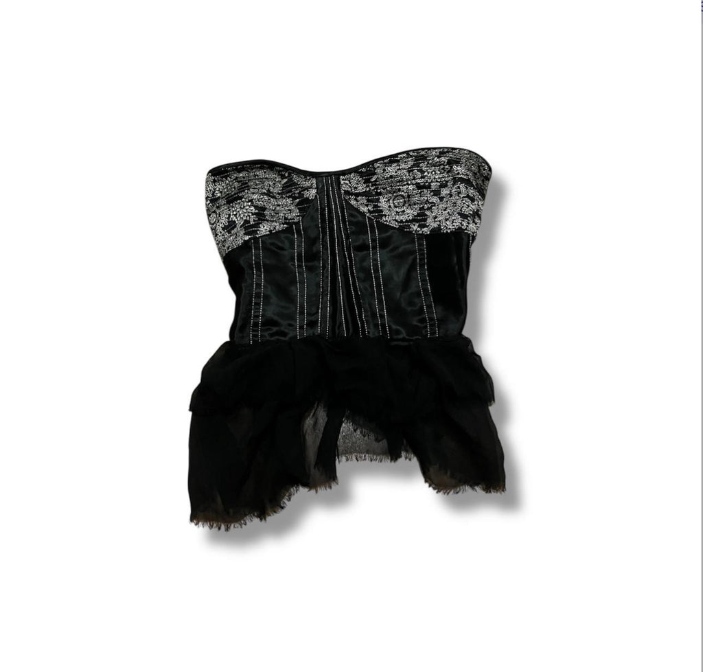 Black embroidered corset top missing lace
