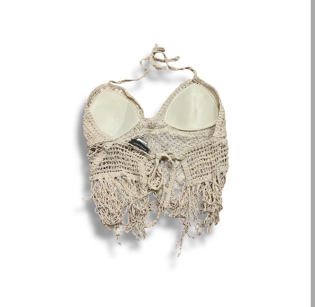 Beige beach halter cami tie top with fringe size small
