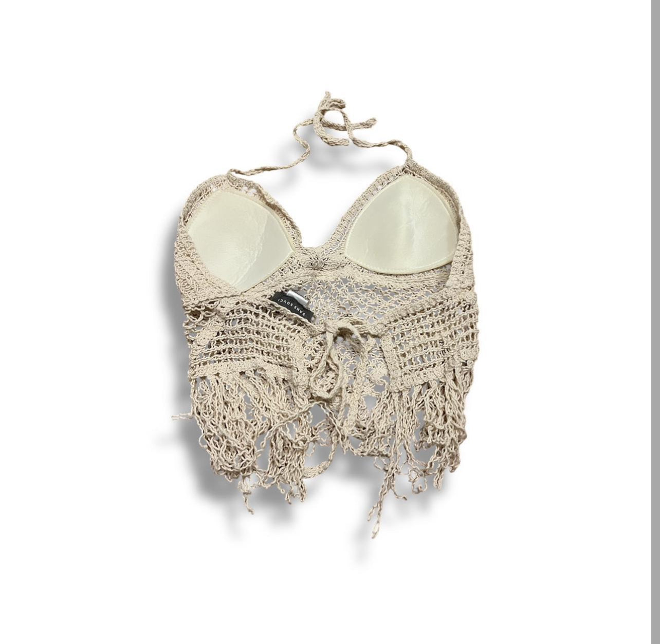 Beige beach halter cami tie top with fringe size small