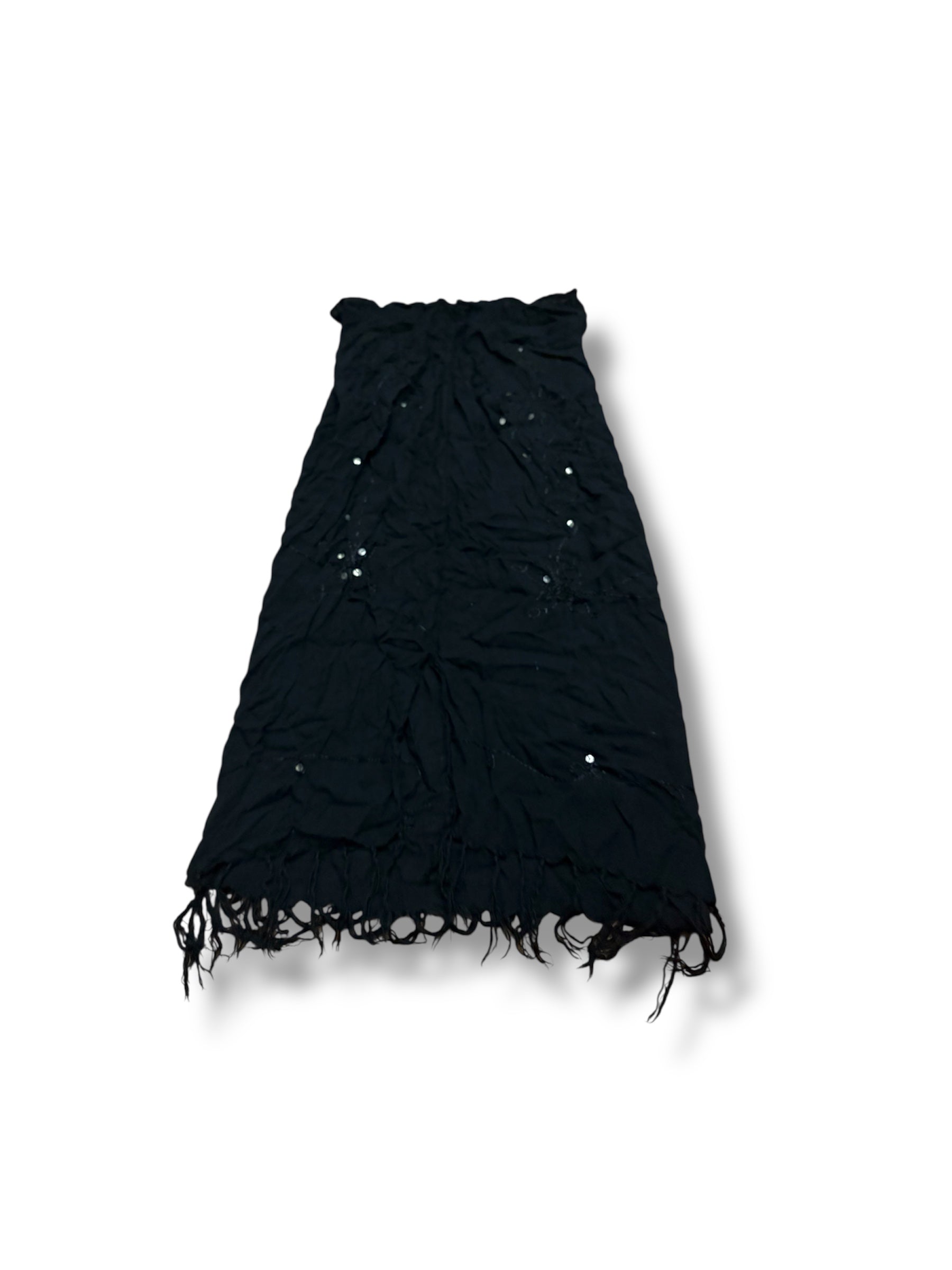 Black maxi fringe grunge fairy skirt embroidered size medium waist flat 13” length 30”